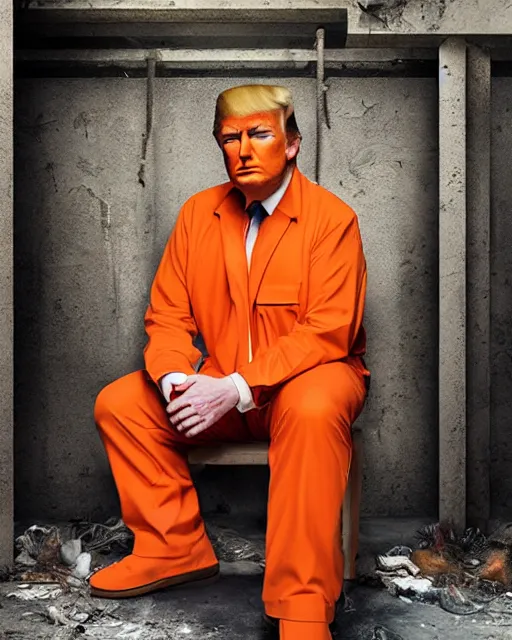 Image similar to a head and shoulders portrait of Donald trump wearing a orange jumpsuit, sitting on the floor of a filthy rat infested concrete jail, dimly lit, volumetric lighting, in jail by craig mullins and Annie Leibowitz, octane, 8k,