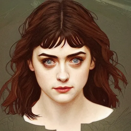 Image similar to portrait of a combination of Alexandra Daddario, Maisie Williams, Krysten Ritter, Anne Hathaway and Natalia Dwyer Christina Ricci and Lily Collins by Alphonse Mucha, trending on artstation