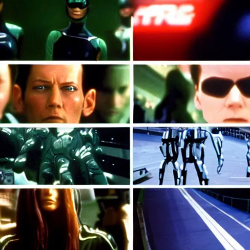 Image similar to The matrix, LeeLoo, Starship Troopers, Sprinters in a race with a clear winner, The Olympics footage, intense moment, cinematic stillframe, shot by Roger Deakins, The fifth element, vintage robotics, formula 1, starring Geena Davis, sports photography, clean lighting