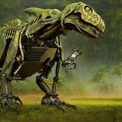 Prompt: A robotic hybrid of a T-Rex strolling along a lush green forest, machine parts exposed all over the T-Rex body, sci-fi concept art, highly detailed, oil on canvas by James Gurney