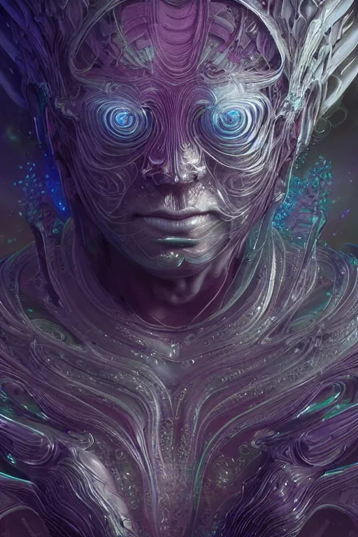 Image similar to a render of an ancient futuristic ethereal being with digital modifications surrounded by a underwater ink pour and flowing liquid gallium and complex sacred geometry, powerful, cinematic, beautifully lit, perfect face, by john howe, by beeple, by artgerm, by karol bak, by brian froud, 3 d, trending on cgsociety, octane render, 8 k