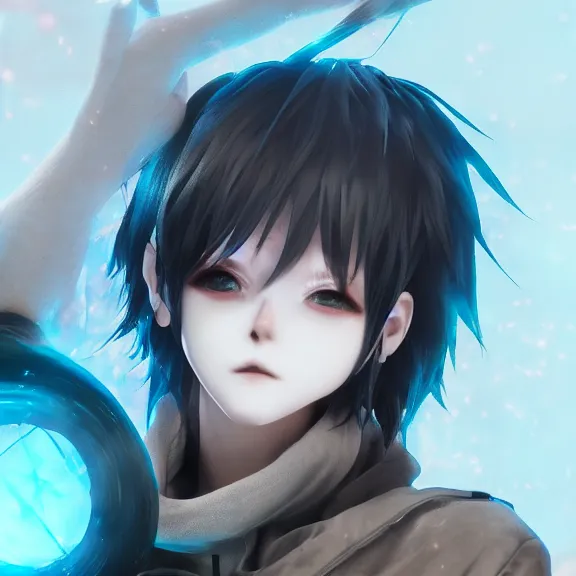 Image similar to 3D render of a cute emo anime boy, fantasy artwork, fluffy, close-up, award winning, hyper detailed, very very very beautiful, studio lighting, artstation, unreal engine, unreal 5, 4k, octane renderer