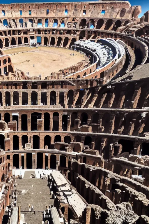 Image similar to a huge ice cream on top of the Colosseum, photorealistic, cinematic lighting, high detail, cinematic feel, high octane, 4K, Unreal Engine