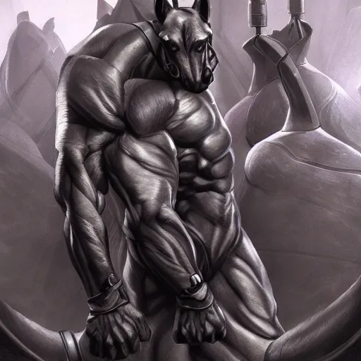 Image similar to a musclebound anthropomorphized horse with a magnificently muscular physique wearing a tight leather battle outfit while protecting a facility, equine, anthro art, furaffinity, highly detailed, digital painting, artstation, sharp focus, game art, concept art, illustration, art by artgerm, greg rutkowski, wlop