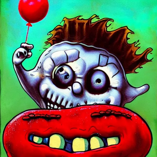 Image similar to grunge painting of spongebob with a wide smile and a red balloon by chris leib, loony toons style, pennywise style, corpse bride style, horror theme, detailed, elegant, intricate