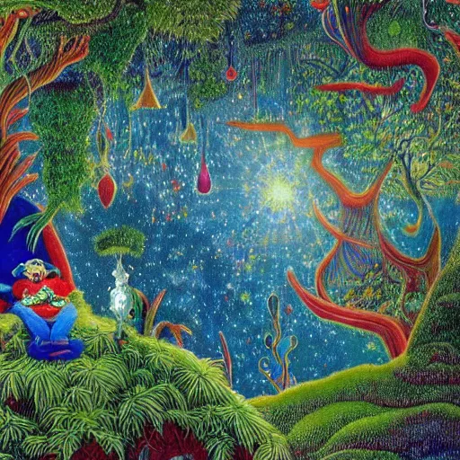 Image similar to psychedelic couch sofa in the lush forest, milky way, designed by moebius, rob gonsalves, gustav dore, giuseppe arcimboldo and carl barks, louis wain, trending on artstation, canada, star, sharp focus, colorful refracted sparkles and lines, soft light, 8 k 4 k