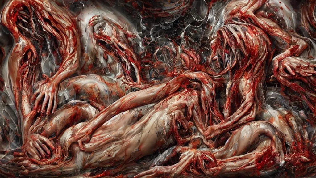 Prompt: an ultra-detailed high-quality hyper-realistic photo of twisted humans melting together, forming a massive livid amorphous mass of blood-oozing body horror composed of random limbs, translucent and slimy flesh, patches of fur, eyes, teeth, and intestines falling out and slithering, in a damaged hi-tek laboratory, pieces of glassware lying on the floor, hazy atmosphere