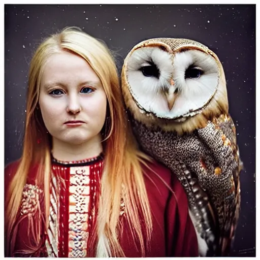 Image similar to symmetry!! portrait photograph of an extremely beautiful!!!! young blonde female with symmetric face. with a very detailed barn owl!!!!! on her shoulder. wearing traditional greenlandic national costume or kalaallisuut. in iceland. petzval lens. shallow depth of field. polaroid featured on flickr, art photography,