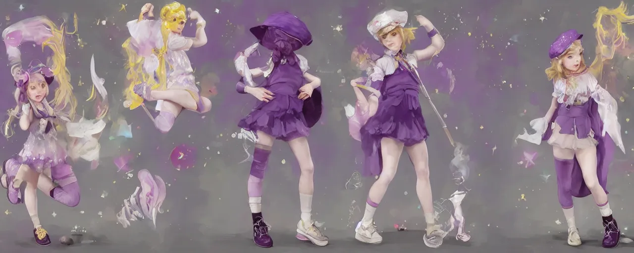 Prompt: A character sheet of a cute magical girl with short blond hair and freckles wearing an oversized purple Beret, Purple overall shorts, Short Puffy pants made of silk, pointy jester shoes, a big scarf, and white leggings. Rainbow accessories all over. Covered in stars. By Seb McKinnon. By WLOP. By Artgerm. By william-adolphe bouguereau. By Alphonse Mucha. By Frederic Leighton. Decora Fashion. harajuku street fashion. Kawaii Design. Intricate. Highly Detailed. Digital Art. Fantasy. CGSociety. Sunlit. 4K. UHD. HyperMaximalist. Denoise. Hyper realistic.