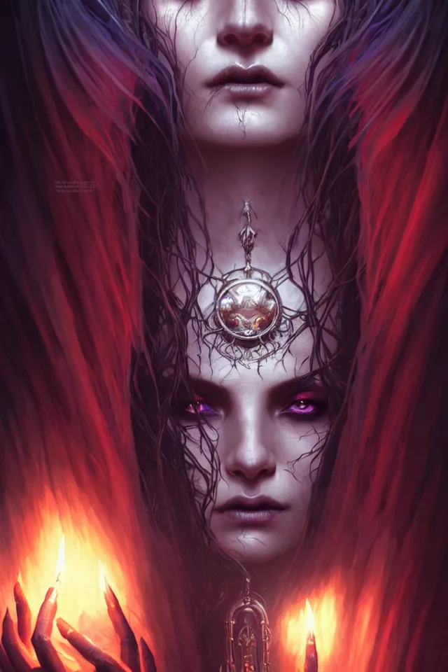 Image similar to Necromancer Sorceress face close-up macro in center, fantasy magic, undercut hairstyle, dark light night, intricate, elegant, sharp focus, illustration, highly detailed, digital painting, concept art, matte, art by WLOP and Artgerm and Greg Rutkowski and Alphonse Mucha, masterpiece