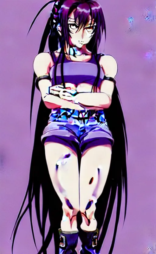 Image similar to style of madhouse studio anime, black lagoon manga, loish, artgerm, comic art, portrait of revy from black lagoon, symmetrical eyes and symmetrical face, jean shorts, white tank top, purple hair, sarcastic evil smirk on face, sky and ocean background