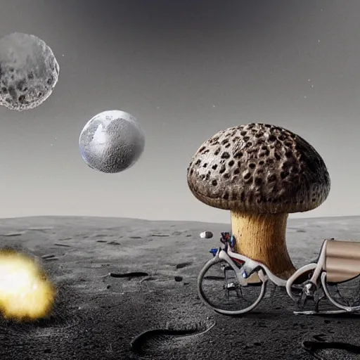 Image similar to a stainless steel bike, with swiss cheese wheels, there is a rat cycling on the surface of the moon and, drives away from a huge dangerous mushroom, explosion clouds. photorealistic