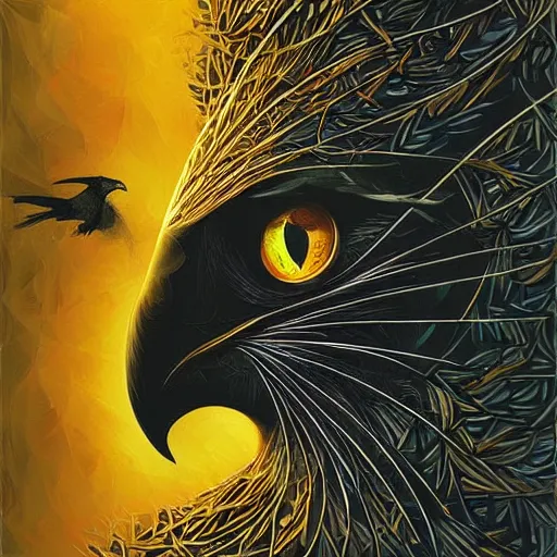 Image similar to a simple crow-like cat painting by Android Jones and M. C. Escher collaboration, futurist, digital art, dramatic lighting