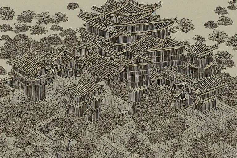 Image similar to a hyper - realistic ultra - detailed kenchiku castle by takato yamamoto and giovanni paolo panini and kris kuksi and mandelbrot. subject in view, symmetrical composition f 1 1 : 6 volumetric lighting, dynamic light, moonlighting, dynamic lighting, starry background, micro details, 8 k, 3 d render, trending on artstation and cgsociety