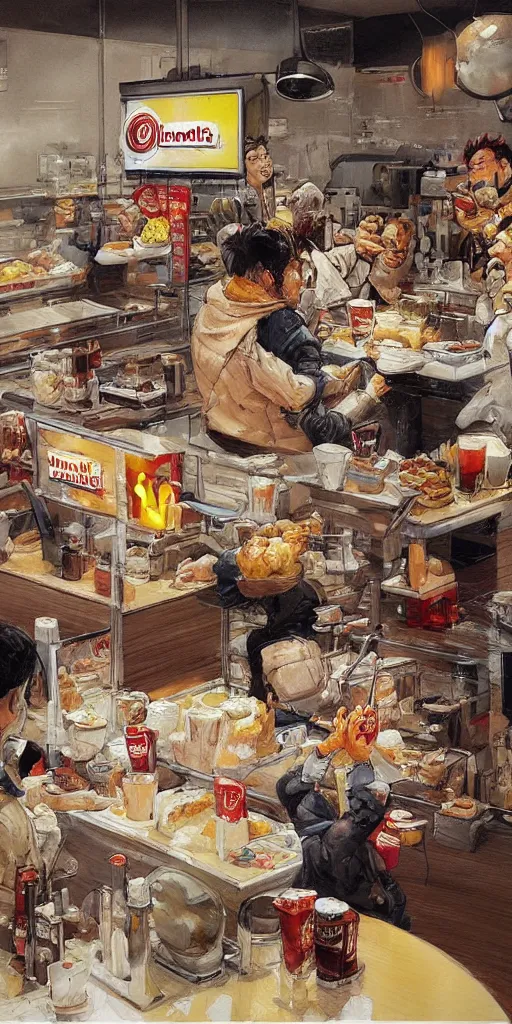 Prompt: oil painting scene from mcdonalds by kim jung gi