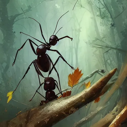 Image similar to ants carrying leaves, art by guweiz and greg rutkowski, matte, intricate, elegant, highly detailed, smooth, sharp focus, artstation,