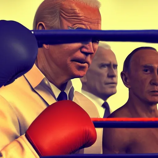 Prompt: joe biden and vladimir putin in a boxing match, cyberpunk, macro, vibrant, 30mm photography, gta artstyle, wide shot, dramatic lighting, octane render, hyperrealistic, high quality, highly detailed, artstation, HD, beautiful, cinematic, 8k, unreal engine, facial accuracy, symmetrical