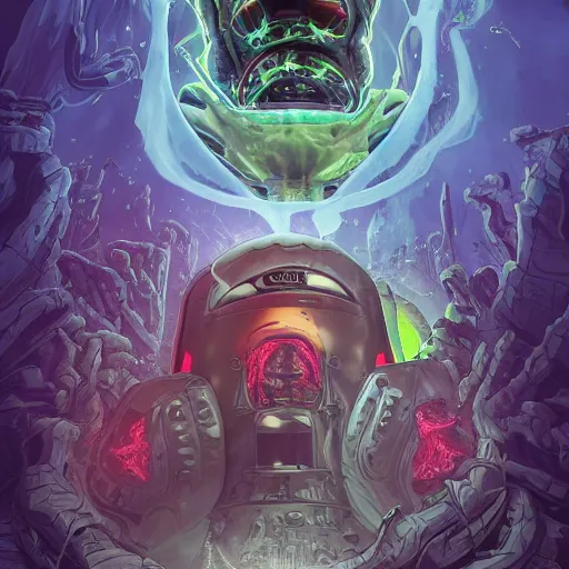 Prompt: Rick and Morty fused with Lovecraft and Predator and Vader helmet and cybernetic version of the thing and the blob, fractal Lighting, portrait, by Stanley Artgerm Lau, WLOP, Rossdraws, James Jean, Andrei Riabovitchev, Marc Simonetti, and Sakimichan, trending on artstation