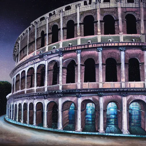 Image similar to exterior view of modern futuristic roman colosseum architecture, view overlooking the city, detailed luminescent oil painting 4 k