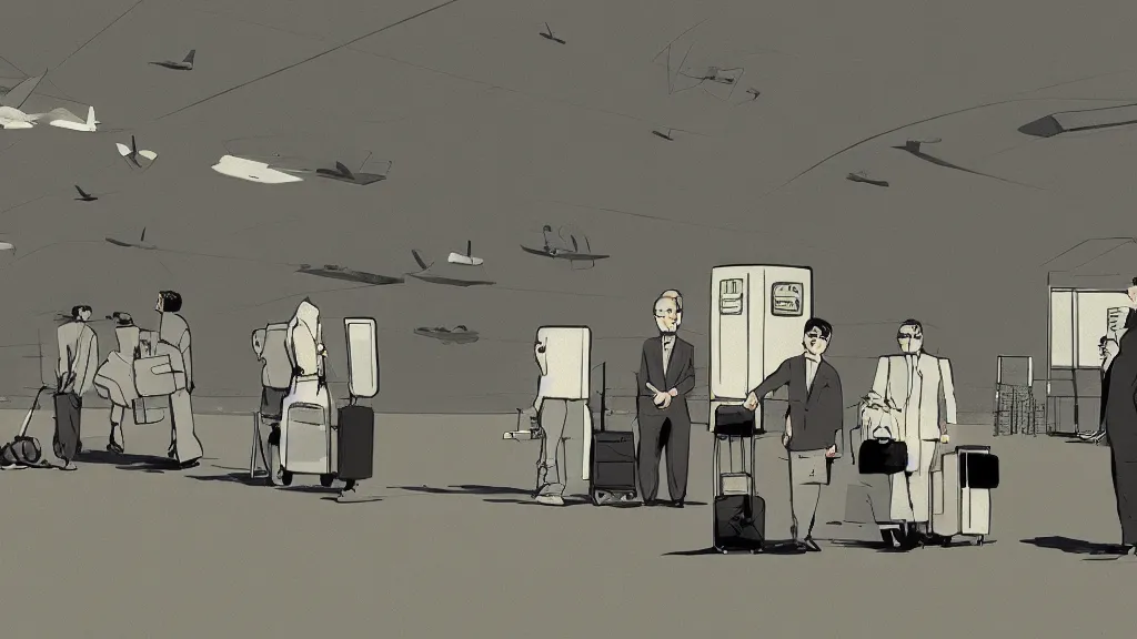 Prompt: A meeting at the airport, in the style of David Lynch, by Wes Anderson, concept art, artstation