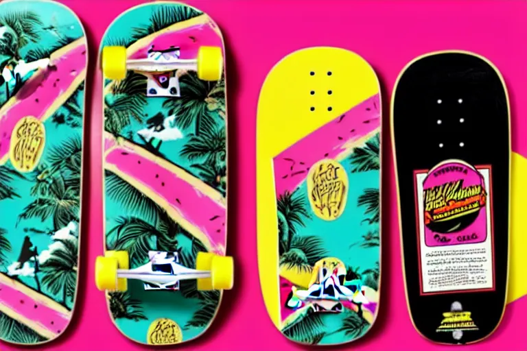 Prompt: 80s, skateboard, Hawaiian pizza, advertisement