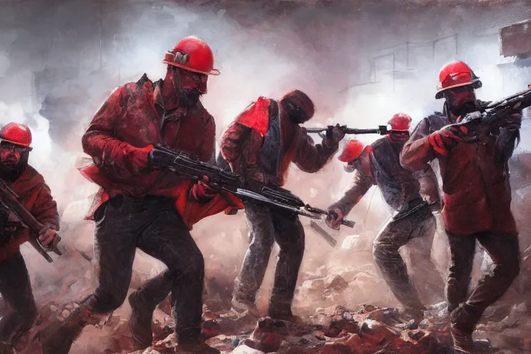 Prompt: intense dramatic still of a ragtag group of miners and factory workers with improvised weapons and firearms and dark red scarves, on the surface of an asteroid, outside of a high tech industrial building, medium shot, oil painting by charles frederic ulrich, jason ryan artstation, greg rutkowski, trending on artstation, incredible detail
