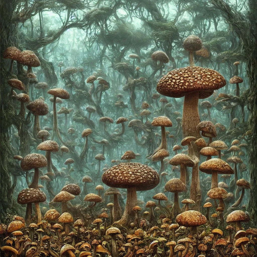 Image similar to the big mushroom, a beautiful hyper realistic detailed concept art of a fractal eldritch and fascinating mushroom forest with morels at foreground and amanitas and puffballs and psilocybes and reishi and spores on several floors by andreas rocha and john howe and dan mumford and albert bierstadt, nausicaa, ultrawide angle, artstation, pinterest