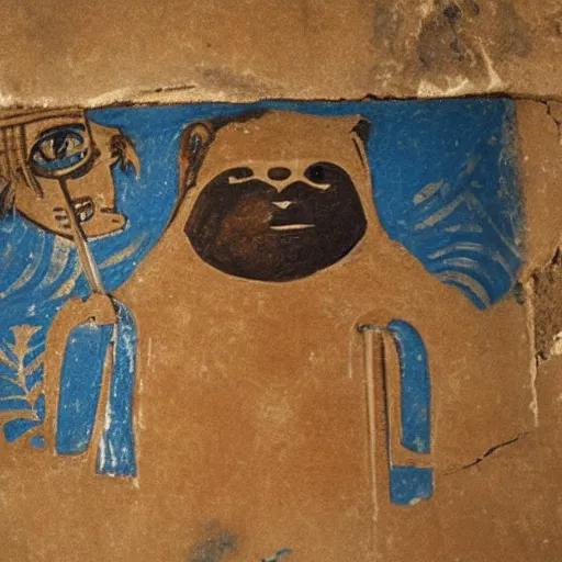 Image similar to An ewok eating a lollipop, Ancient Egyptian mural