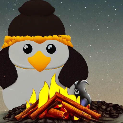 Image similar to A penguin wearing a beanie sitting next to a campfire with a cup of coffee by Sanrio