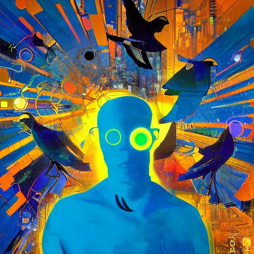 Image similar to a joyful golden blue hacker surrounded by birds, neon virtual networks, and information visualization, oil on canvas inspired by dave mckean and yoji shinkawa