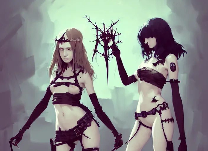 Image similar to portrait of two cute goth maiden girls with crown of thorns and white short hairs, dressed in belts bikini, warhammer, cyberpunk, by atey ghailan, by greg rutkowski, by greg tocchini, by james gilleard, by joe gb fenton, by kaethe butcher, dynamic lighting, gradient light blue, brown, blonde cream and white color in scheme, grunge aesthetic