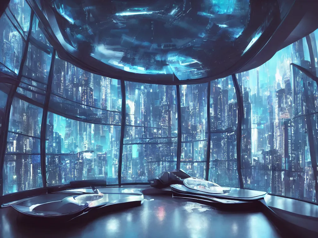 Image similar to a futuristic bedroom with large curved ceiling high windows looking out to a far future cyberpunk cityscape, cyberpunk neon lights, raining, scifi