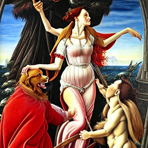 Prompt: Cerberus is member of the English royal family, epic fantasy game portrait, oil painting, hyper detailed, hyper realistic, by Botticelli, portrait