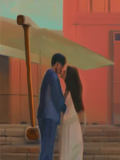 Image similar to a guy and a girl kissing, artwork by salman toor, cinematic light, atmospheric effects, oil on canvas