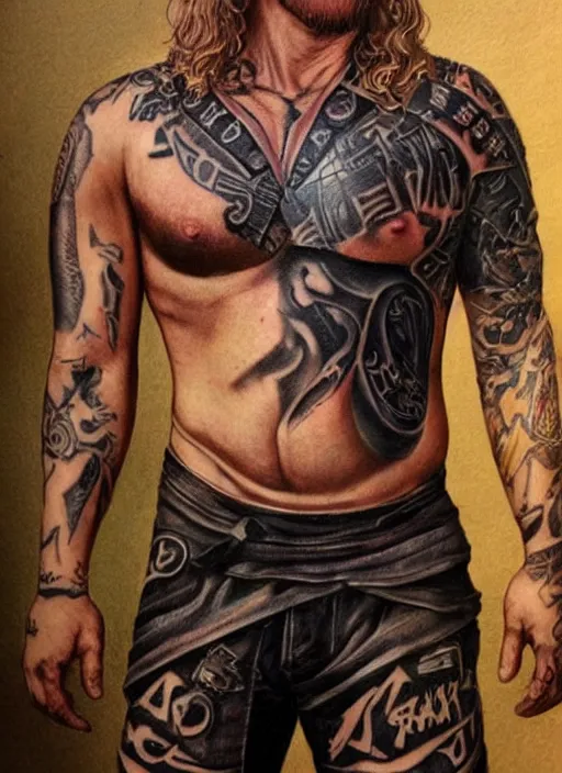 Image similar to photorealistic Portrait of frontal standing pose torso ofa more muscular version of Jax Teller, heavily tattoed. All his skin is covered by SAMCROW tattooes . Intricate, concept art, magic lighting overlays, magical portal opened, D&D!, fantasy style, sharp focus!, ultra detailed, art by Artgerm and Peter Andrew Jones, WLUP, Magali Villeneuve