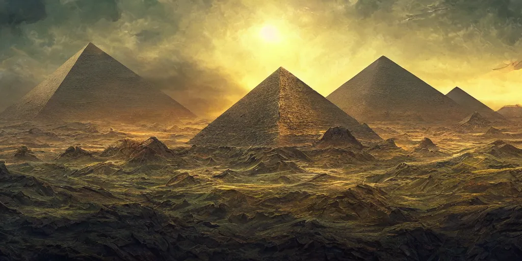 Image similar to an alien pyramid landscape , art station, landscape, concept art, illustration, highly detailed artwork cinematic, hyper realistic painting