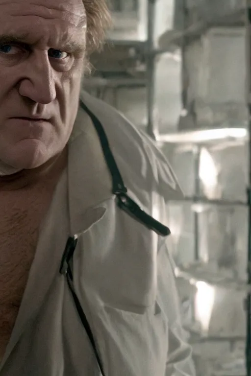 Image similar to [a still of Gerard Depardieu in the movie Splice (2007), 4k, HD, high quality, octane]