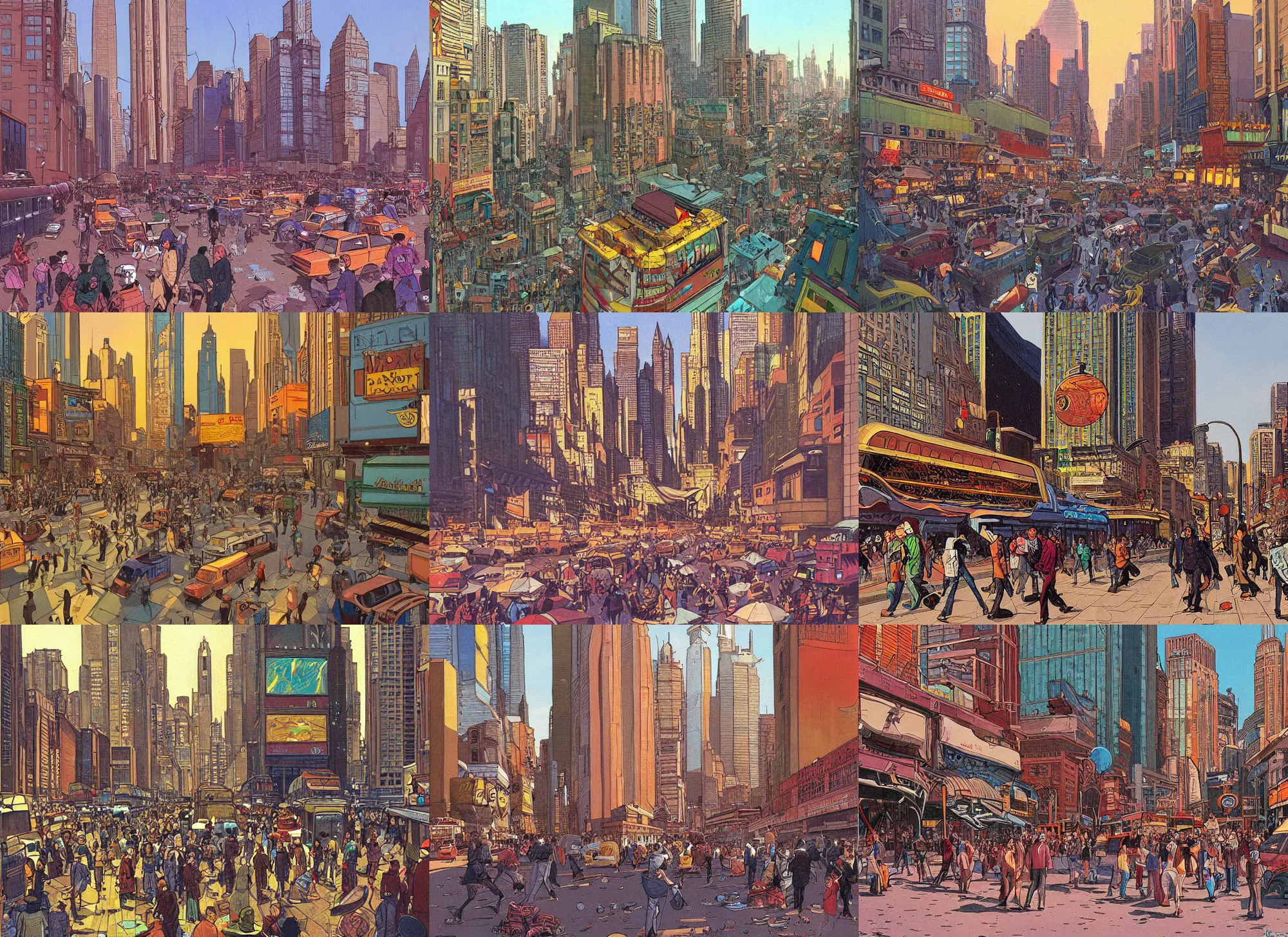 Prompt: a painting of a chaotic morning in the bustling city, in the iconic style of moebius