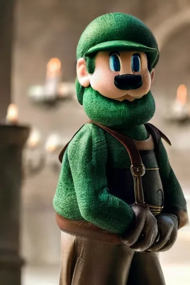 Image similar to very very intricate photorealistic photo of a realistic human version of luigi wearing his hat in an episode of game of thrones, photo is in focus with detailed atmospheric lighting, award - winning details