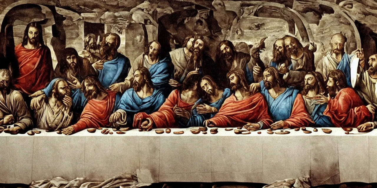 Prompt: the last supper iconic image in the style of dali surreal jesus christ iconography
