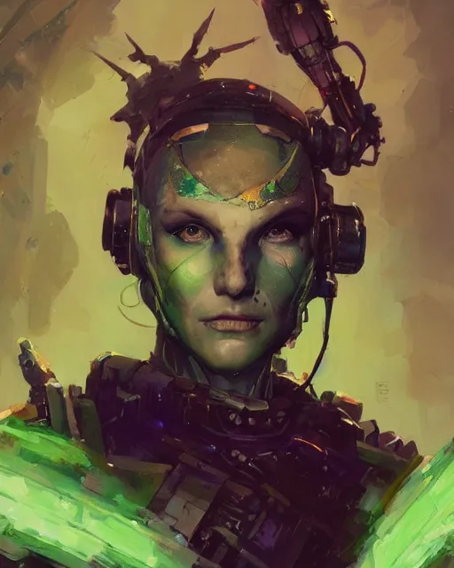 Image similar to character design, cyborg spellcaster, green robes, pen and ink, oil painting portrait, colorful, style by ian mcque, craig mullins, emil melmoth, + in style of charlie bowater, peter mohrbacher, marc simonetti, trending on artstation cgsociety, cinematic 8 k