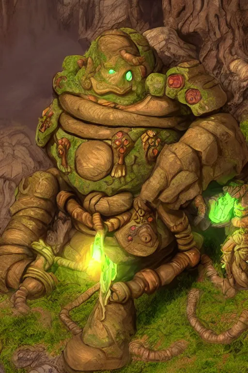 Image similar to zelda fantasy art giant golem troll wood rock greeble gemstone, global illumination ray tracing hdr fanart arstation by sung choi and eric pfeiffer and gabriel garza and casper konefal