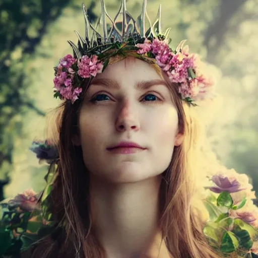 Image similar to portrait, stunning ethereal half - elf adventurer, made of sunlight and moonbeams, gently smiling with a crown of flowers, realistic, award - winning photography, glowing