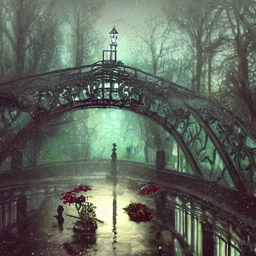 Prompt: large mechanical device with secret function, ornate, beautiful, atmosphere, vibe, mist, smoke, fire, chimney, rain, wet, pristine, puddles, melting, dripping, snow, creek, lush, ice, bridge, green, stained glass, forest, roses, flowers, by stanley artgerm lau, greg rutkowski, thomas kindkade, alphonse mucha