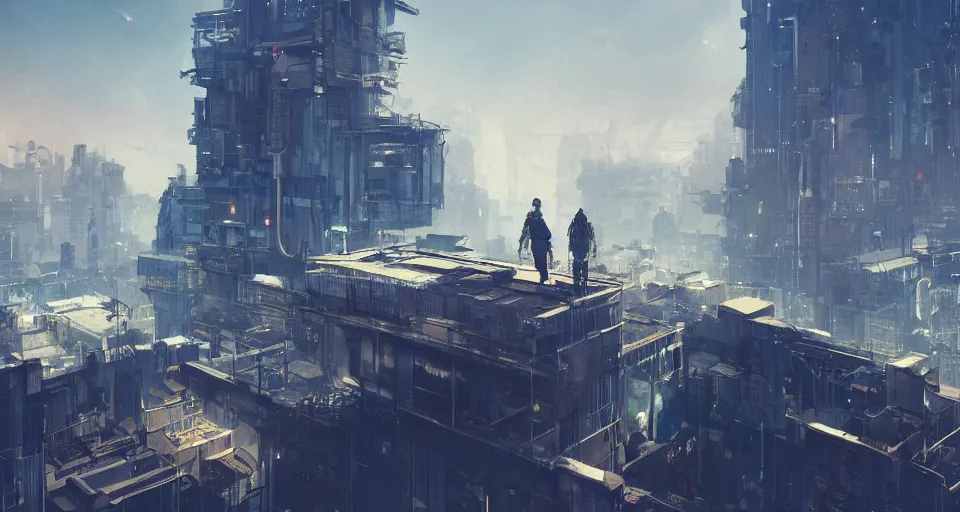 Prompt: a man standing on a wide terrace balcony above a solarpunk city, dramatic lighting, illustration by greg rutkowski, yoji shinkawa, 4 k, digital art, concept art, trending on artstation