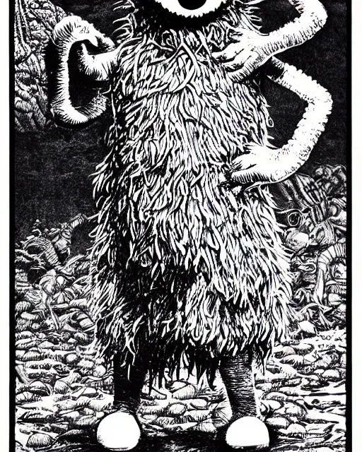 Image similar to an illustration of Cookie Monster, full body, pen-and-ink illustration, etching, by Russ Nicholson, DAvid A Trampier, larry elmore, 1981, HQ scan, intricate details
