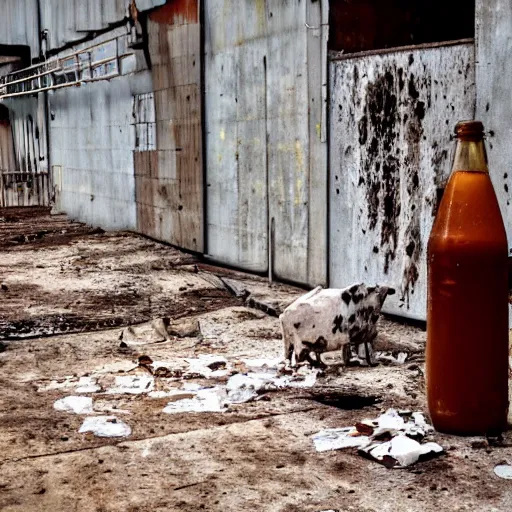 Image similar to dirty bottle of milk and a cow inside rusted slaughterhouse