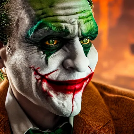 Image similar to cinematic shot of the joker wearing a miner helmet and holding a pickaxe in a cave full of shiny bright minerals, 8 k, very detailed, very intricate,