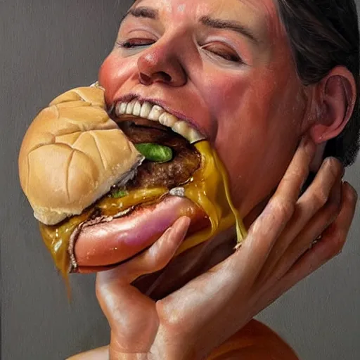 Image similar to realistic painting by jenny saville of donald trump licking a cheeseburger, art by jenny saville and tom bagshaw, detailed, sharp, smooth