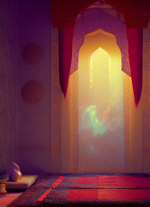 Prompt: beautiful interior of an arabian nights bedchamber, orientalism style, delphin enjolras, goro fujita, makoto shinkai, volumetric lighting, exquisite lighting, octane render, trending on artstation